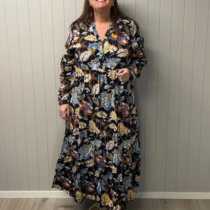 plus size WF lang kjole med v-hals, lange ermer, 100% viskose, mønstret, Sort i store storrelser