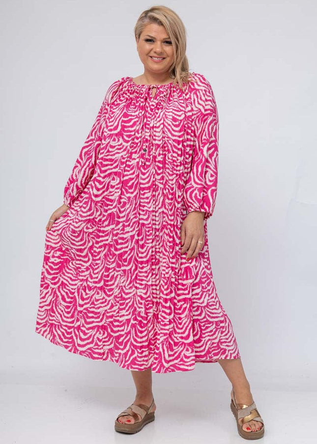 plus size WF Langermet Lang Kjole, Fuchsia i store storrelser