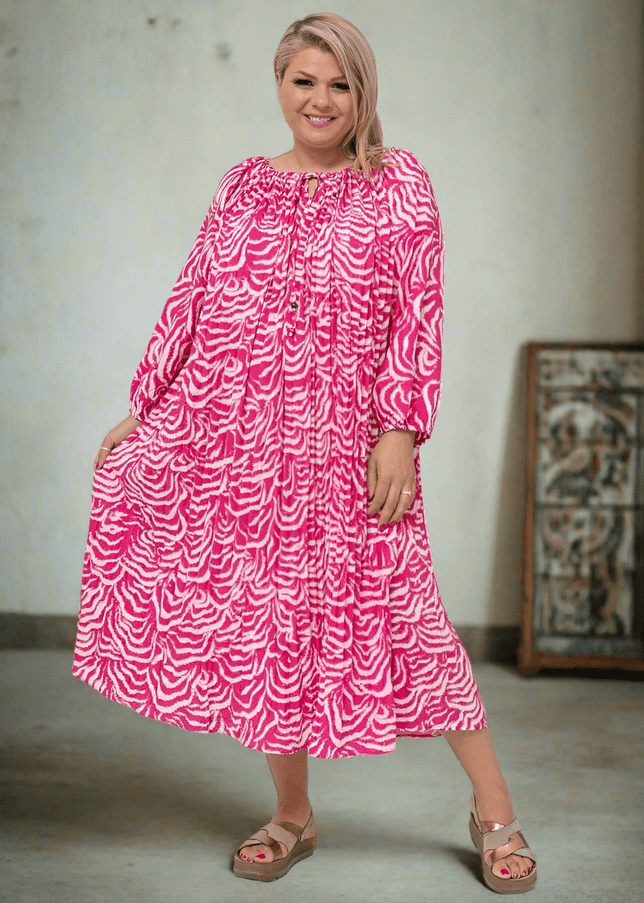 plus size WF Langermet Lang Kjole, Fuchsia i store storrelser