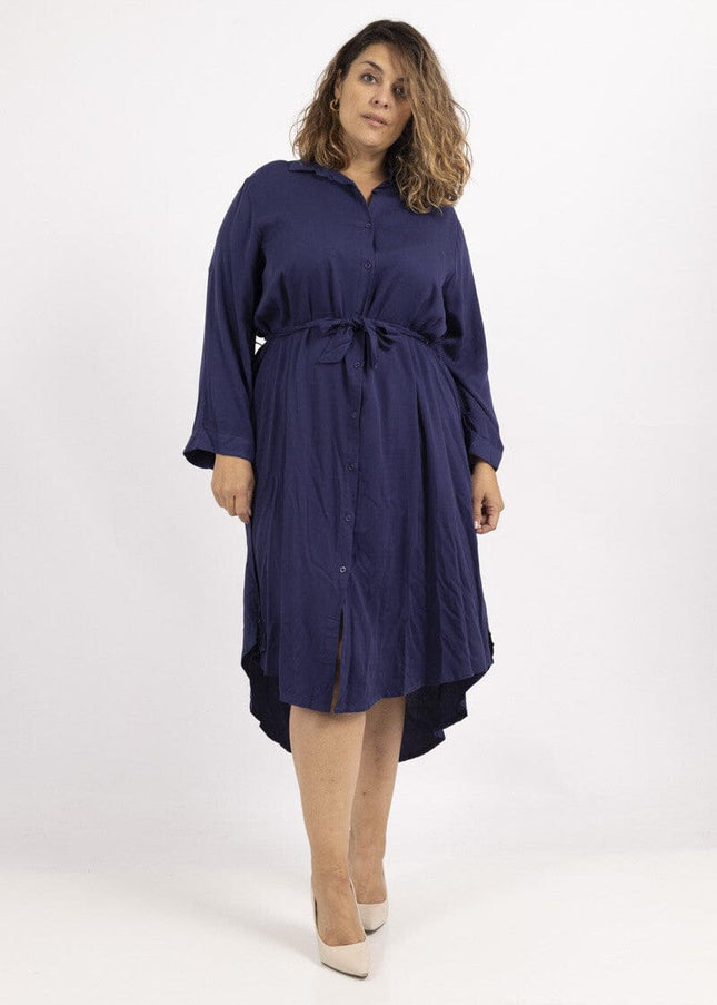 plus size WF skjortekjole i flytende stoff med 3/4-ermer Viskose Marine i store storrelser