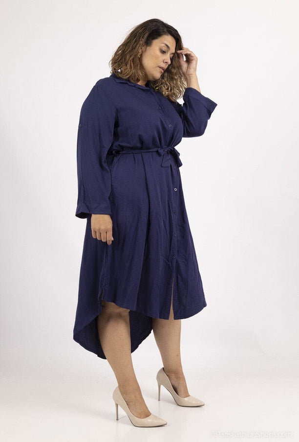 plus size WF skjortekjole i flytende stoff med 3/4-ermer Viskose Marine i store storrelser