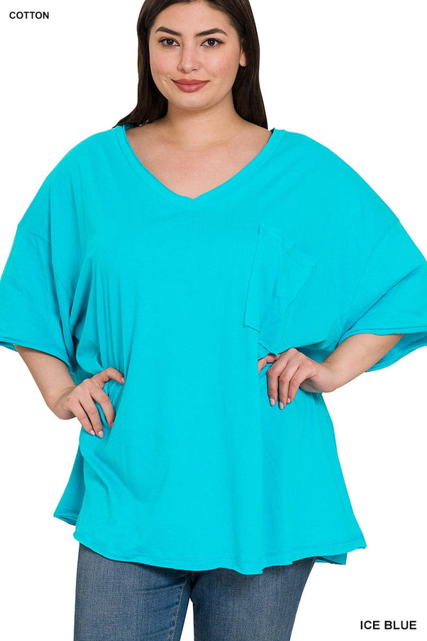 plus size Zena t-shirt med lomme, v-hals, råe sømmer, Turkis i store storrelser