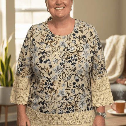 plus size Zhenzi Opha bluse beigeprint i store storrelser