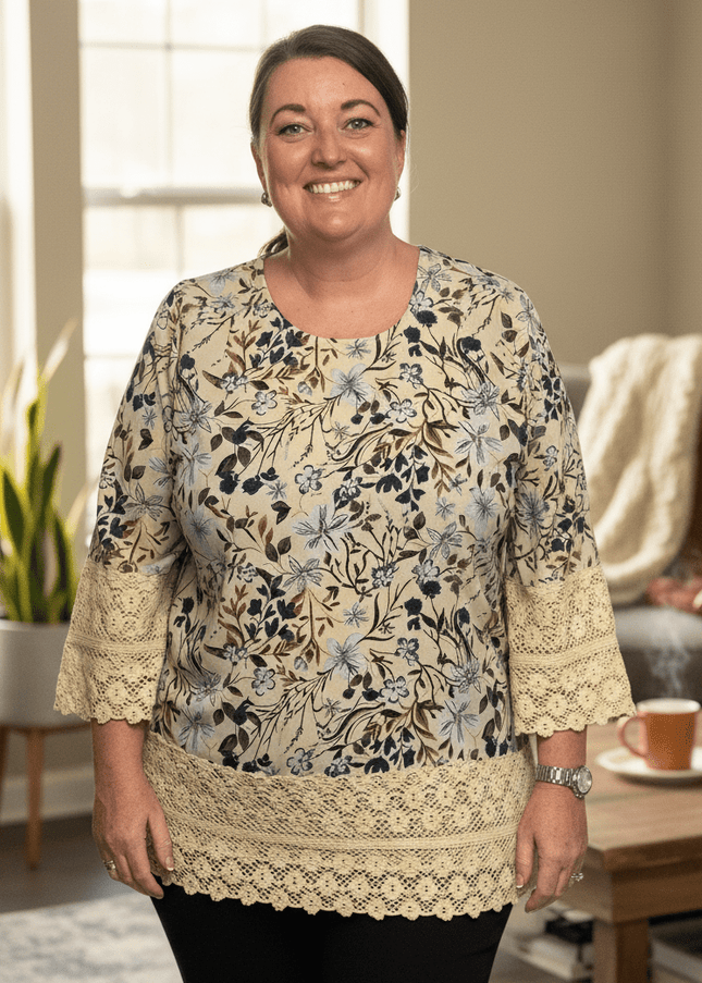 plus size Zhenzi Opha bluse beigeprint i store storrelser