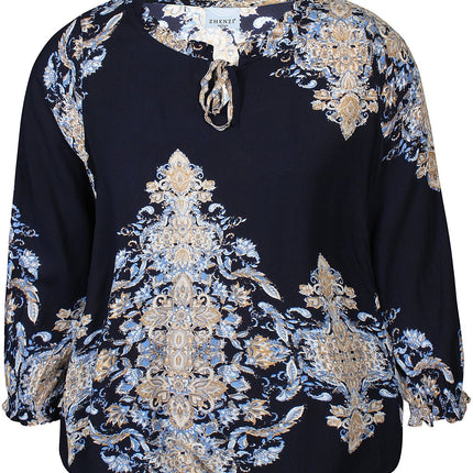 plus size Zhenzi Sila bluse blåprint i store storrelser