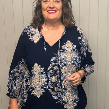 plus size Zhenzi Sila bluse blåprint i store storrelser