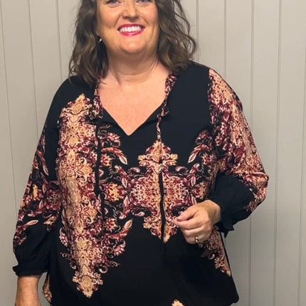 plus size Zhenzi Sila bluse vinrødprint i store storrelser